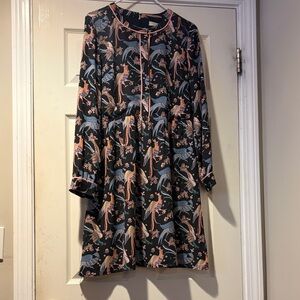 LOFT Long Sleeved Midi Dress with Pink and Blue Bird Print in Black 10P